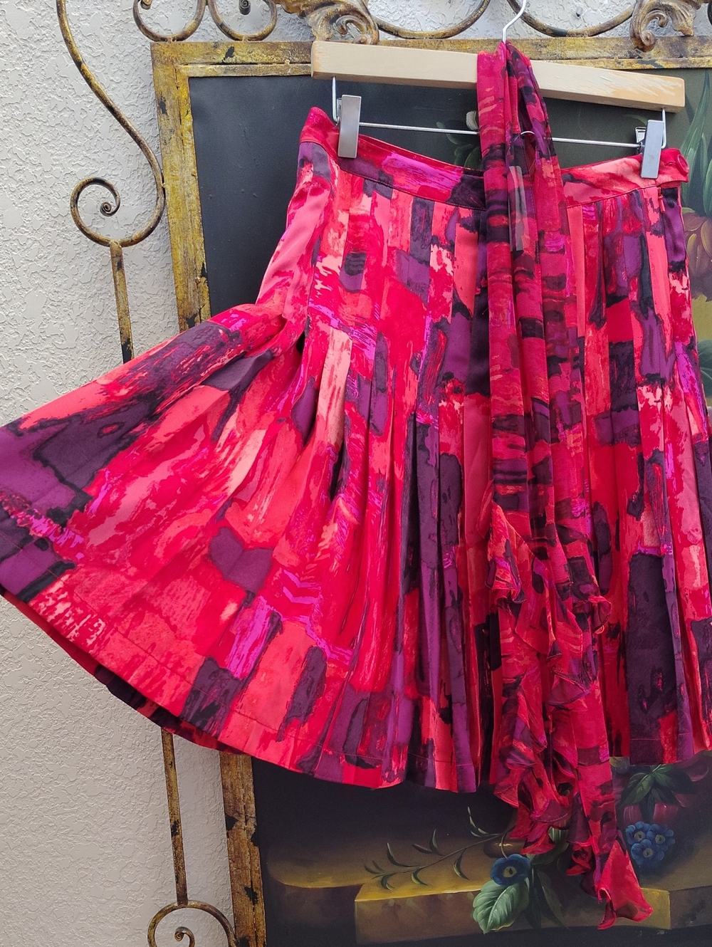 Brooks Brothers Double-Silk Pleated Abstract Skirt w/ Matching Scarf/Belt